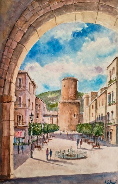 Glimpse of life in the village - watercolors on paper