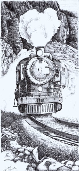 Steam locomotive - Ink pen drawing