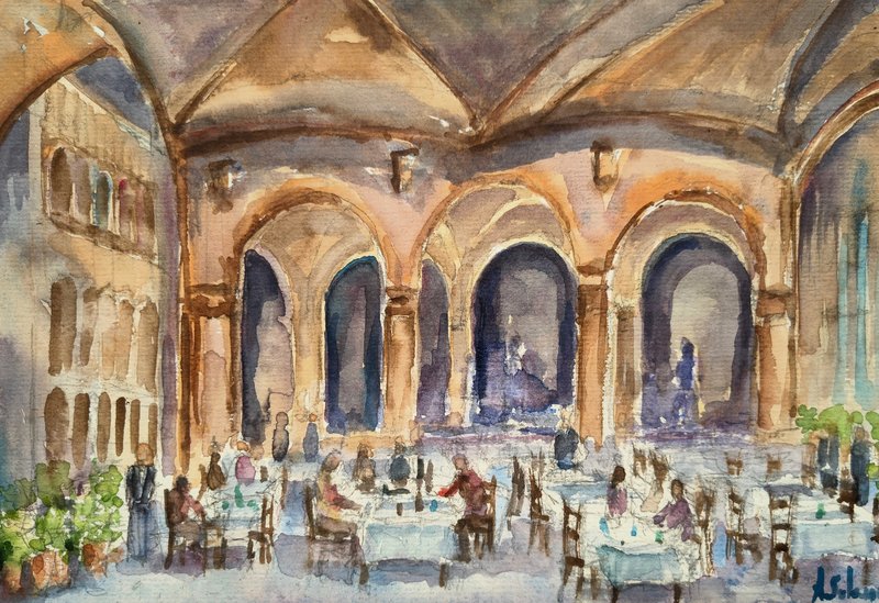 Lunch under the arches - watercolors on paper