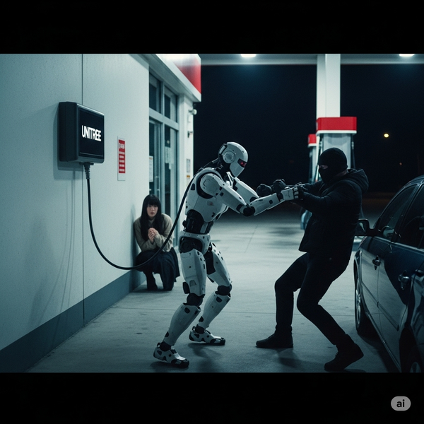the first robot on human violence will be security guard unitree robots with wheels, tele-operated to come out of the damn wall and scare away criminals at liqour stores, of course some will laugh at em, but then it robocops their asses