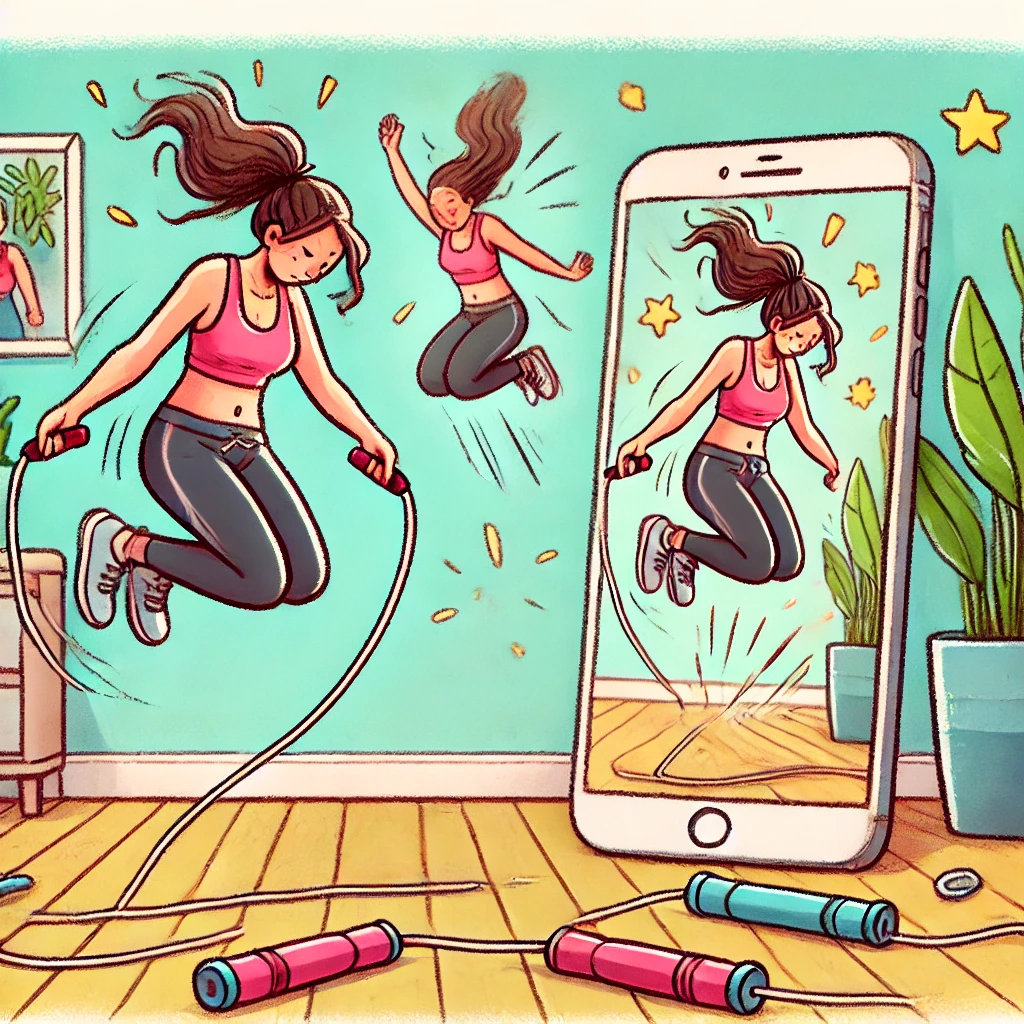 DALL·E 2025-01-22 15.34.40 - A humorous and relatable cartoon-style illustration of a woman attempting to jump rope but tripping in a funny, exaggerated way, surrounded by a playf.webp