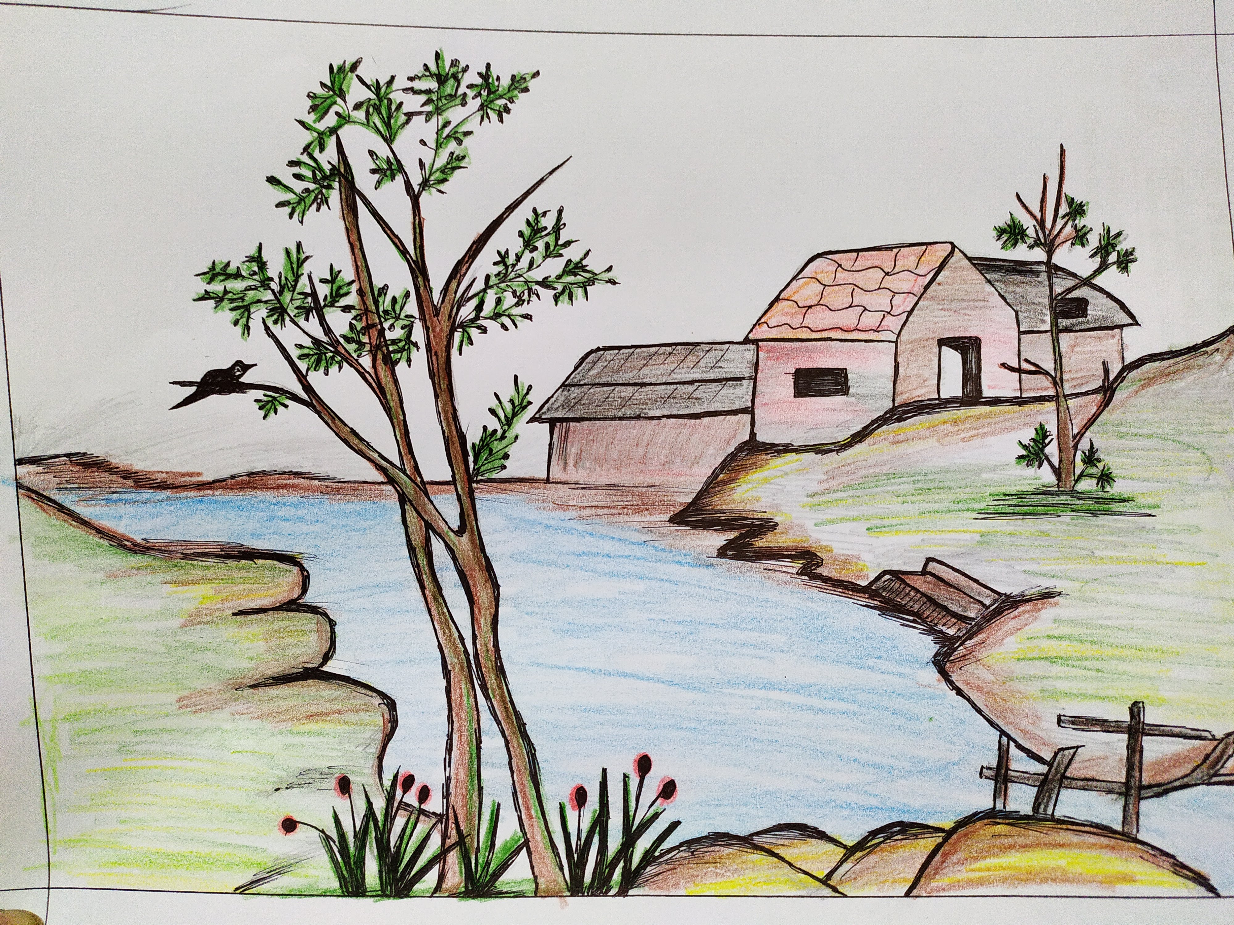 Village Site, Drawing by Hiten Mistry | Artmajeur