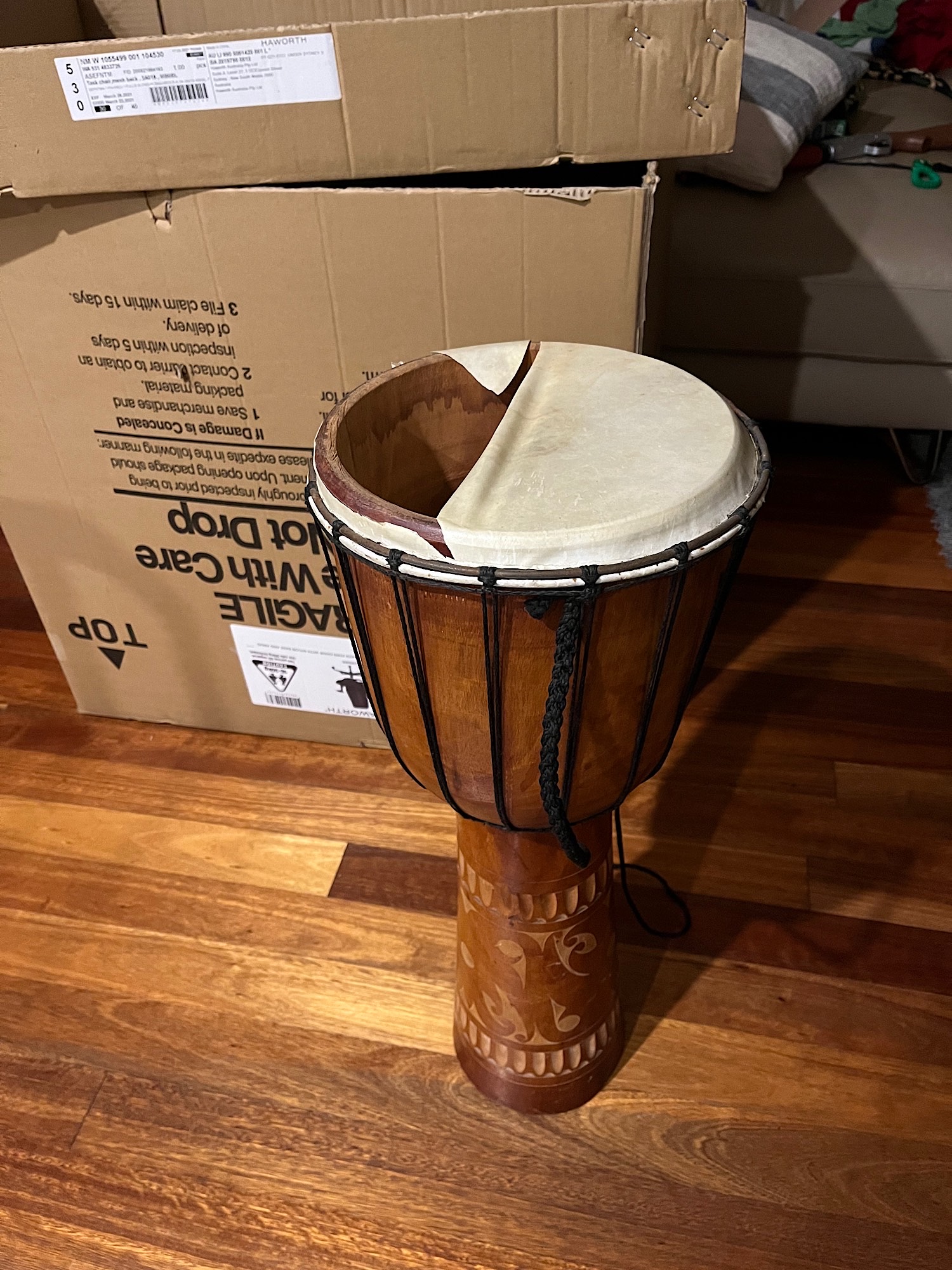 Djembe with broken drum head