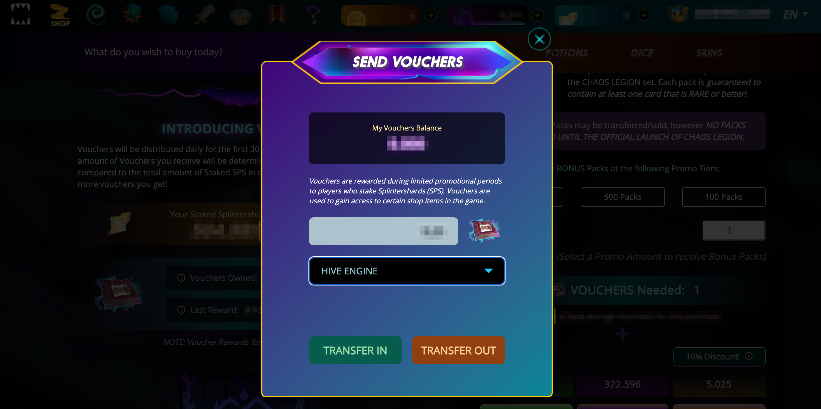 Send your Splinterlands Chaos Legion vouchers by transferring out to Hive-Engine.