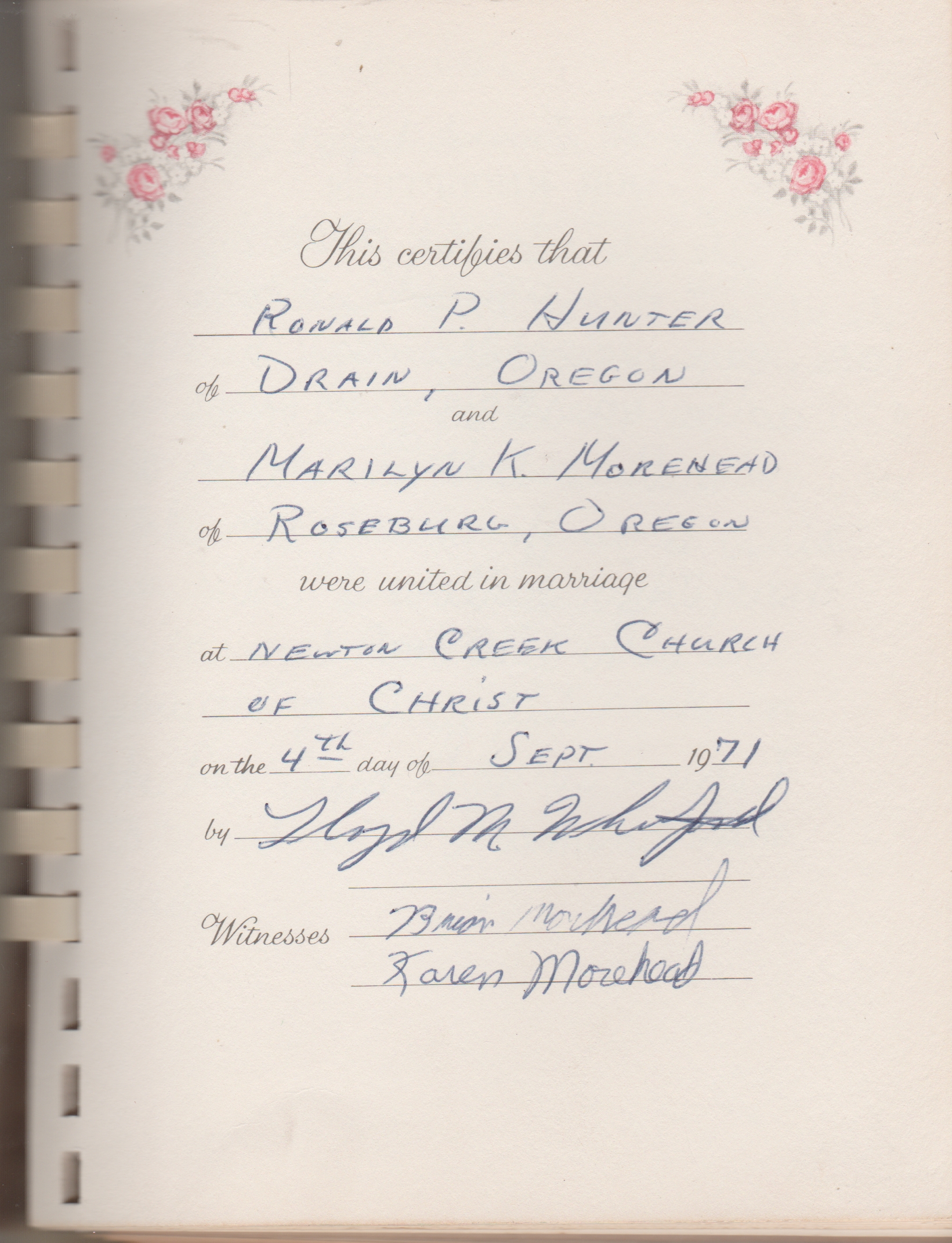 1971-09-04 - Saturday - Wedding - Ronald P. Hunter of Drain OR, Marilyn of Roseburg, at Newton Creek Church of Christ.jpg