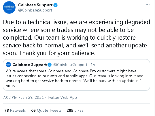 20210129 19_42_40Coinbase Support on Twitter_ _Due to a technical issue, we are experiencing degr.png