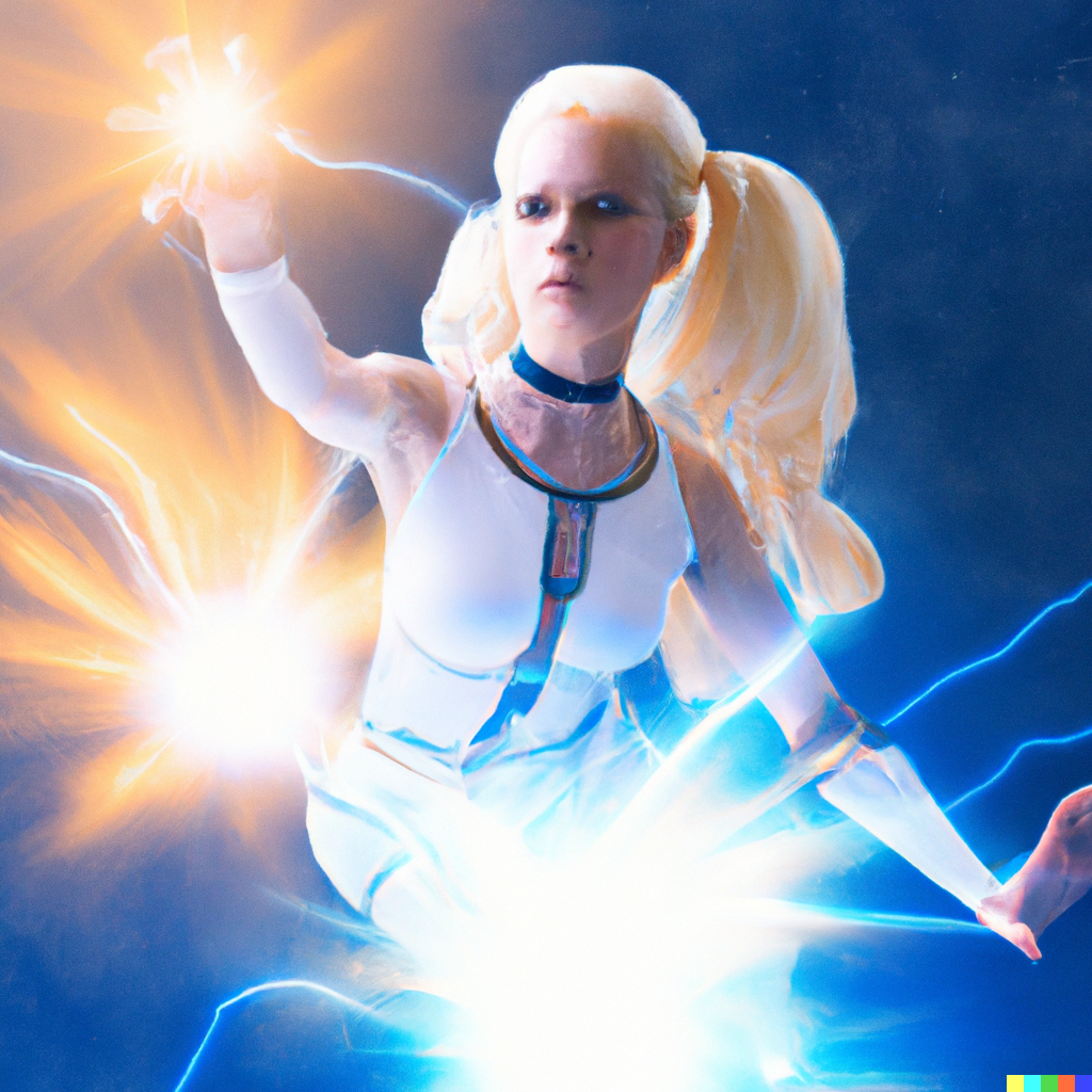 DALL·E 2023-02-03 19.47.47 - young AI robot girl with blond hair creating lightning in space, floating .png