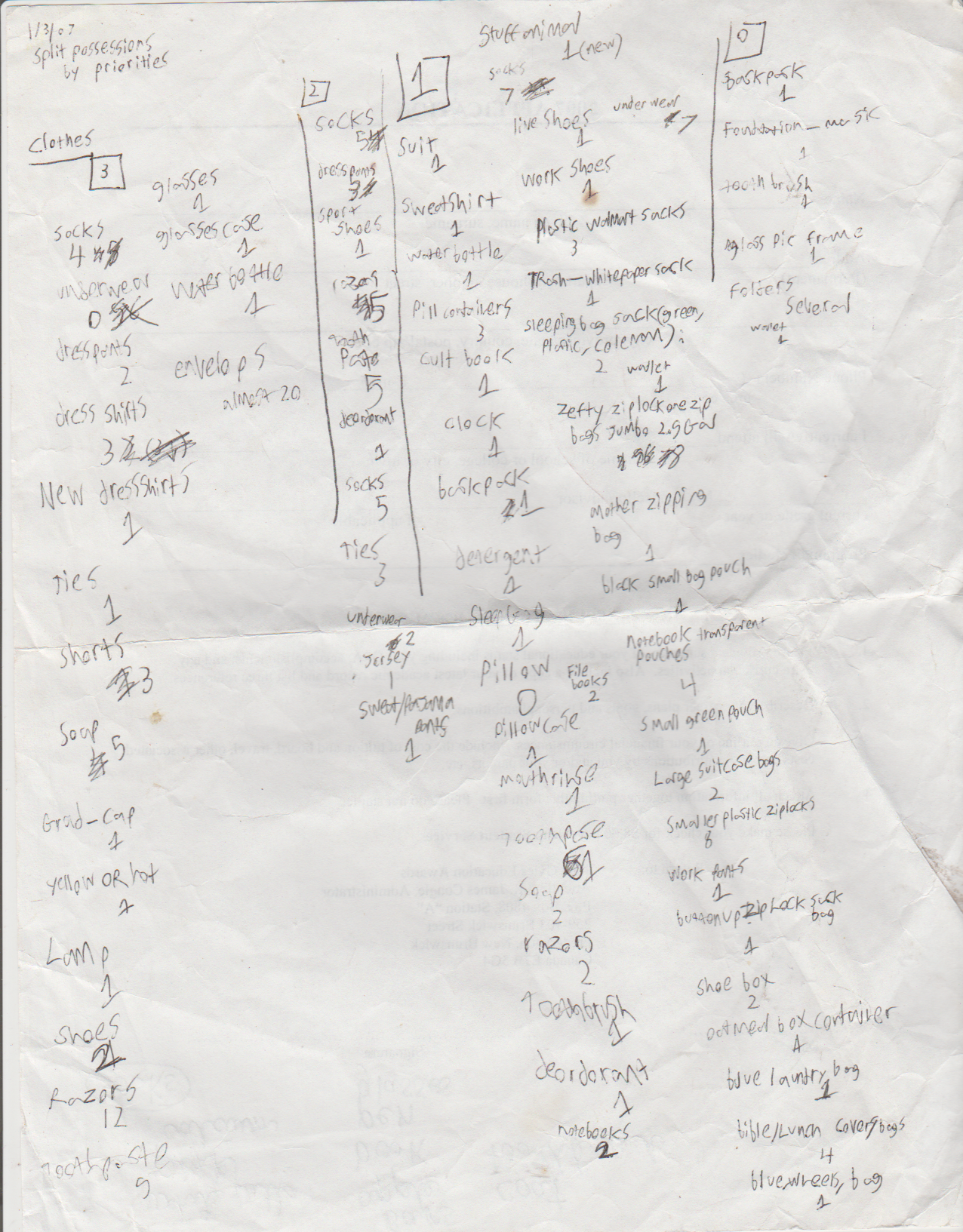 2007-01-03 - Wednesday - Possessions List - Joey Arnold - ABC College - List of what I owned then, clothes, pillows, soap, razors, etc-1.png