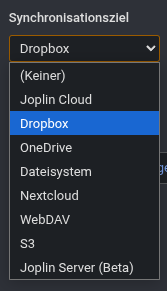 Selection of available synchronisation options on joplin.png