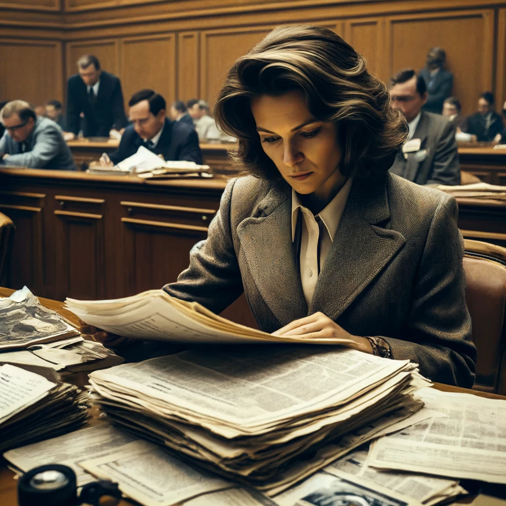 DALL·E 2024-04-23 08.21.43 - A determined female politician resembling Marina Salye, examining a thick report in a council chamber during the early 1990s in Saint Petersburg, Russ.png