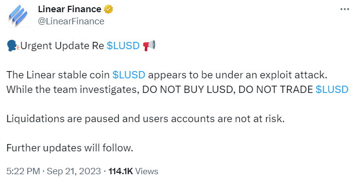 DeFi Protocol Linear Finance Exploited and LUSD Stablecoin Value Dropped To Zero.png