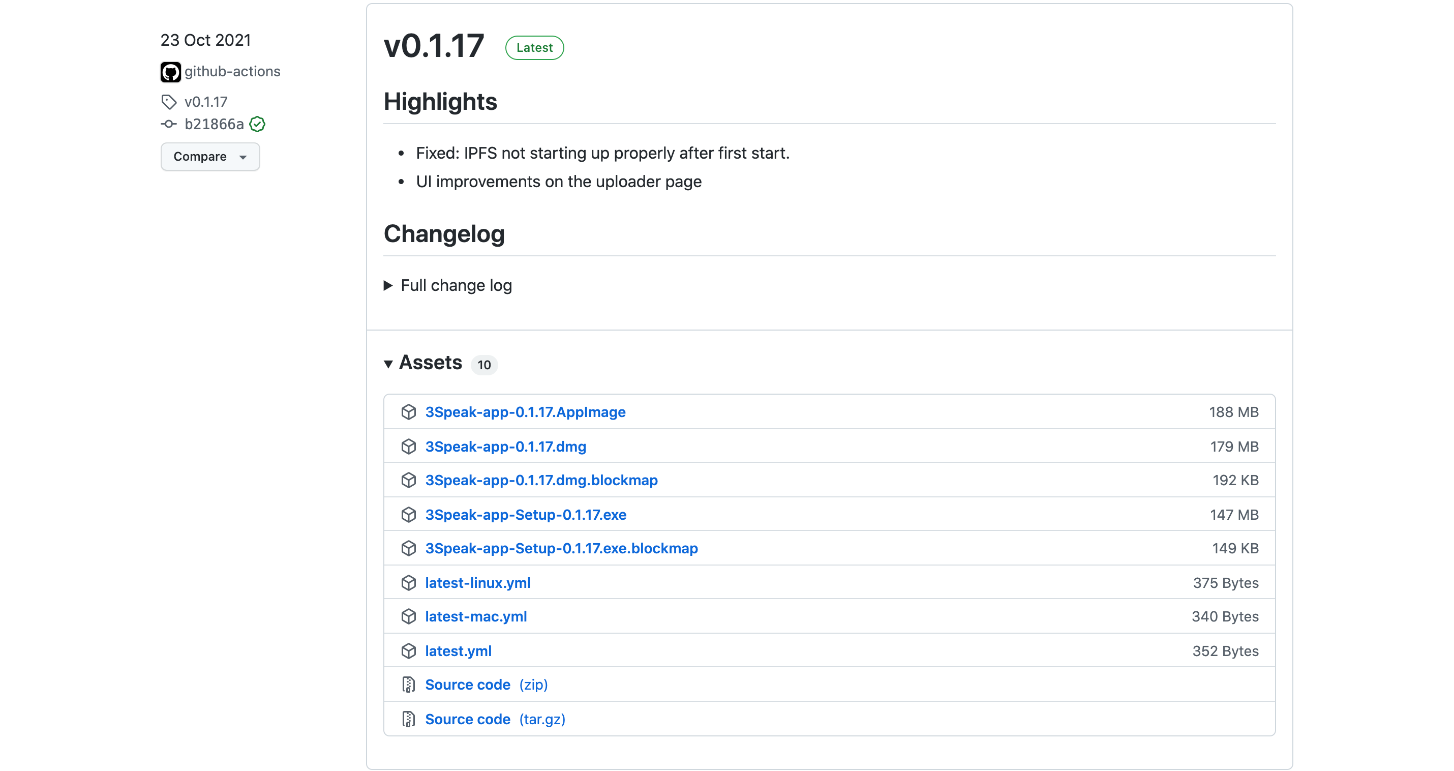 The assets section of the 3Speak desktop app latest release GitHub page.
