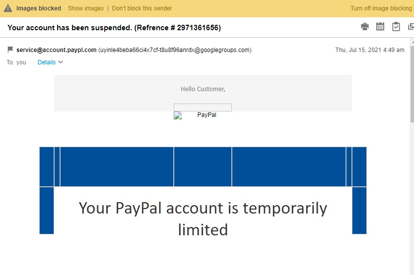 Spam email claiming my paypal is now limited 7.15.2021.jpg