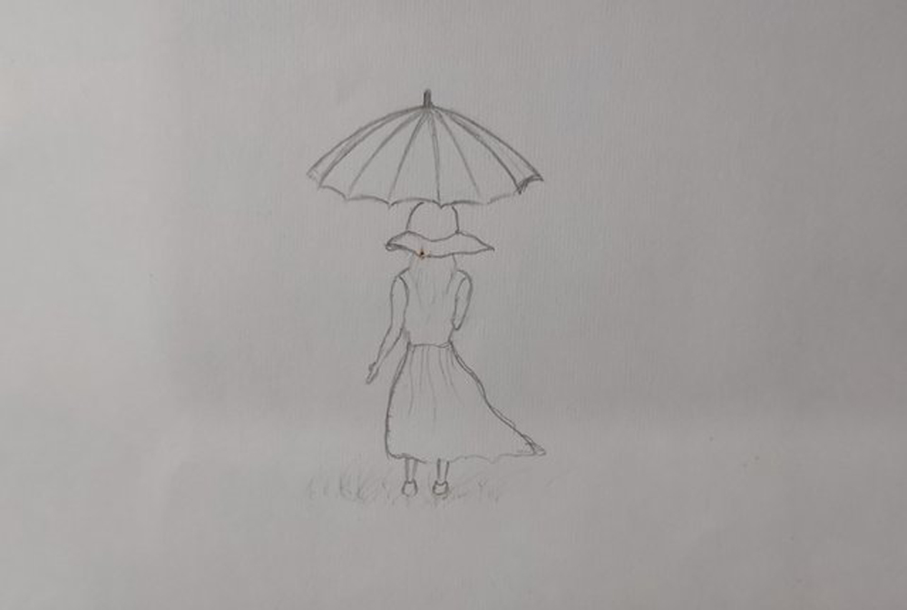 Just a Moment - Umbrella Girl - 12x9, Award-Winning Framed Art Original  Charcoal Drawing on Paper by Jacob Secrest