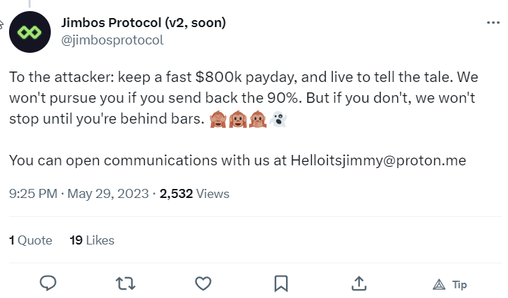 Hacked DeFi Protocol Jimbos Offering Deadline to The Attackers To Return Funds.png
