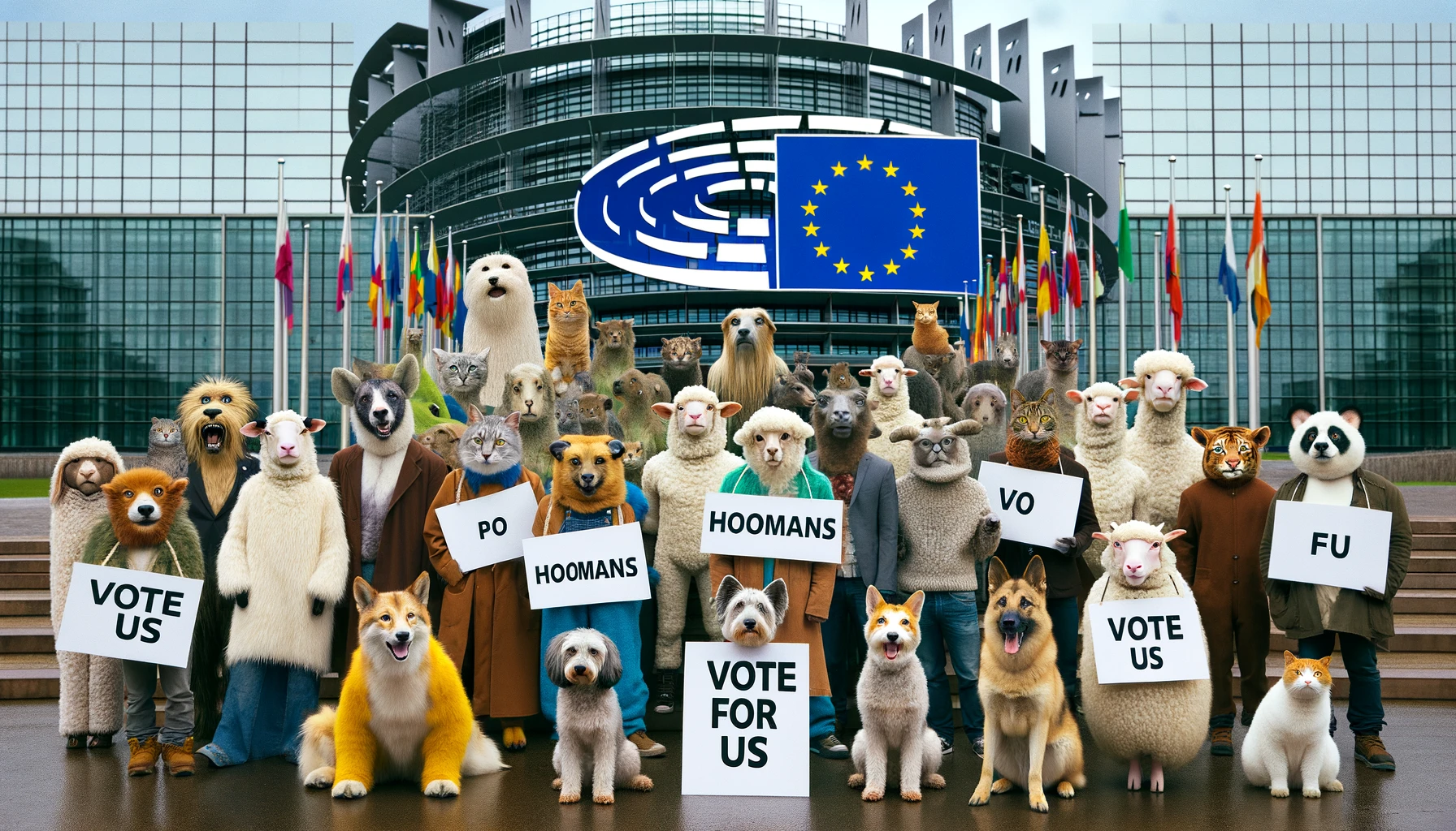 DALL·E 2024-04-26 07.27.47 - A humorous and creative scene depicting a group of real animals participating in a demonstration during the European Parliament elections. The group i.png