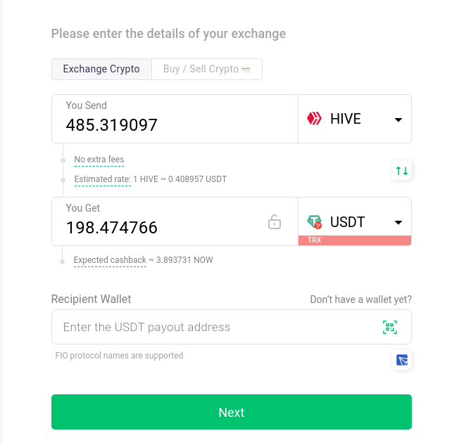 ChangeNow HIVE->USDT-TRC20