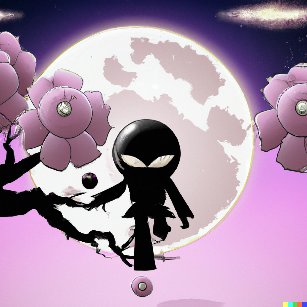 DALL·E 2023-01-31 21.30.32 - shadow ninja hiding behind a cherry tree on a planet with 3 moons and pink sky.png