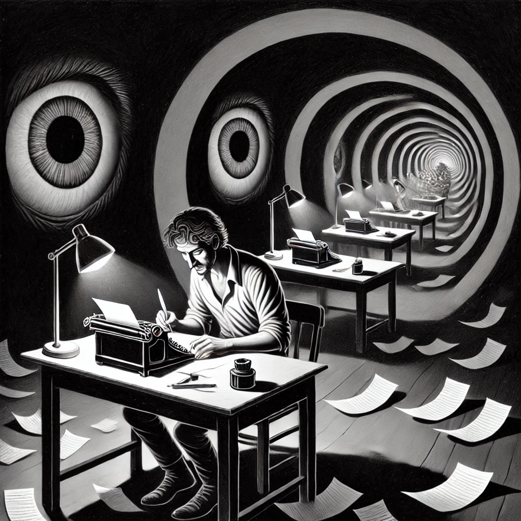 DALL·E 2025-02-12 12.41.36 - A black and white minimalistic painting of an author trapped in an endless loop, sitting at his desk in a repeating cycle. The desk is cluttered with .webp