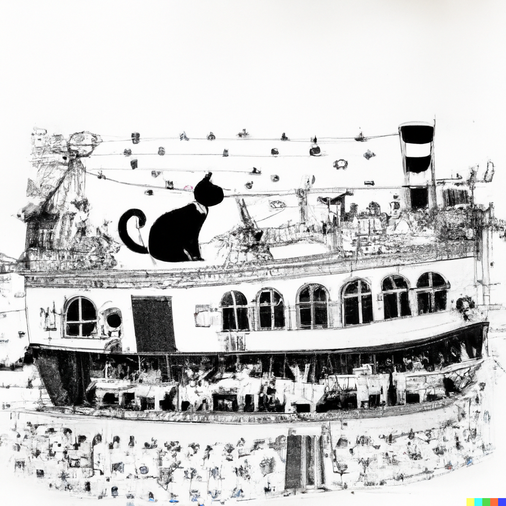 DALL·E 2022-11-06 23.09.06 - Wild Ink drawing of a big brightly painted house-boat on a canal in the city, with lots of cats around and on it .png