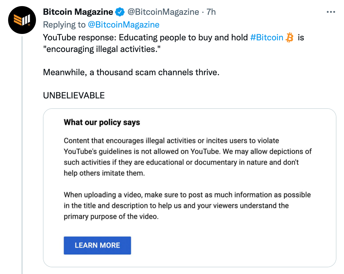 Screenshot of Bitcoin Magazine’s Tweet.