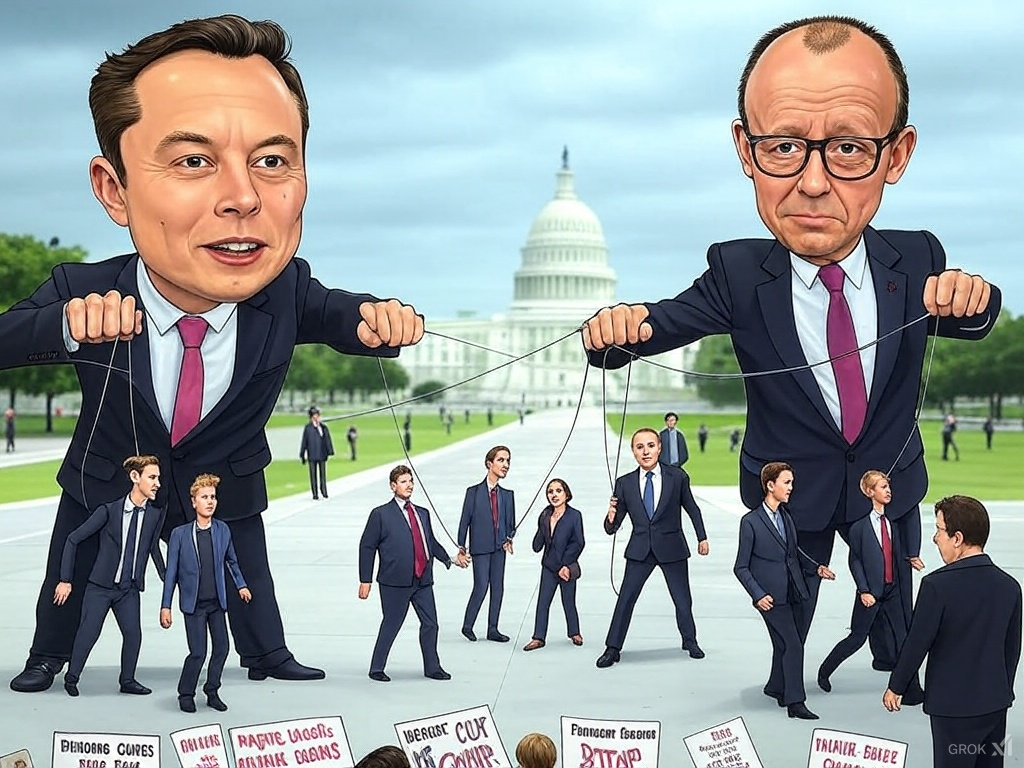  " "cartoon of Elon Musk and Friedrich Merz as puppeteers""