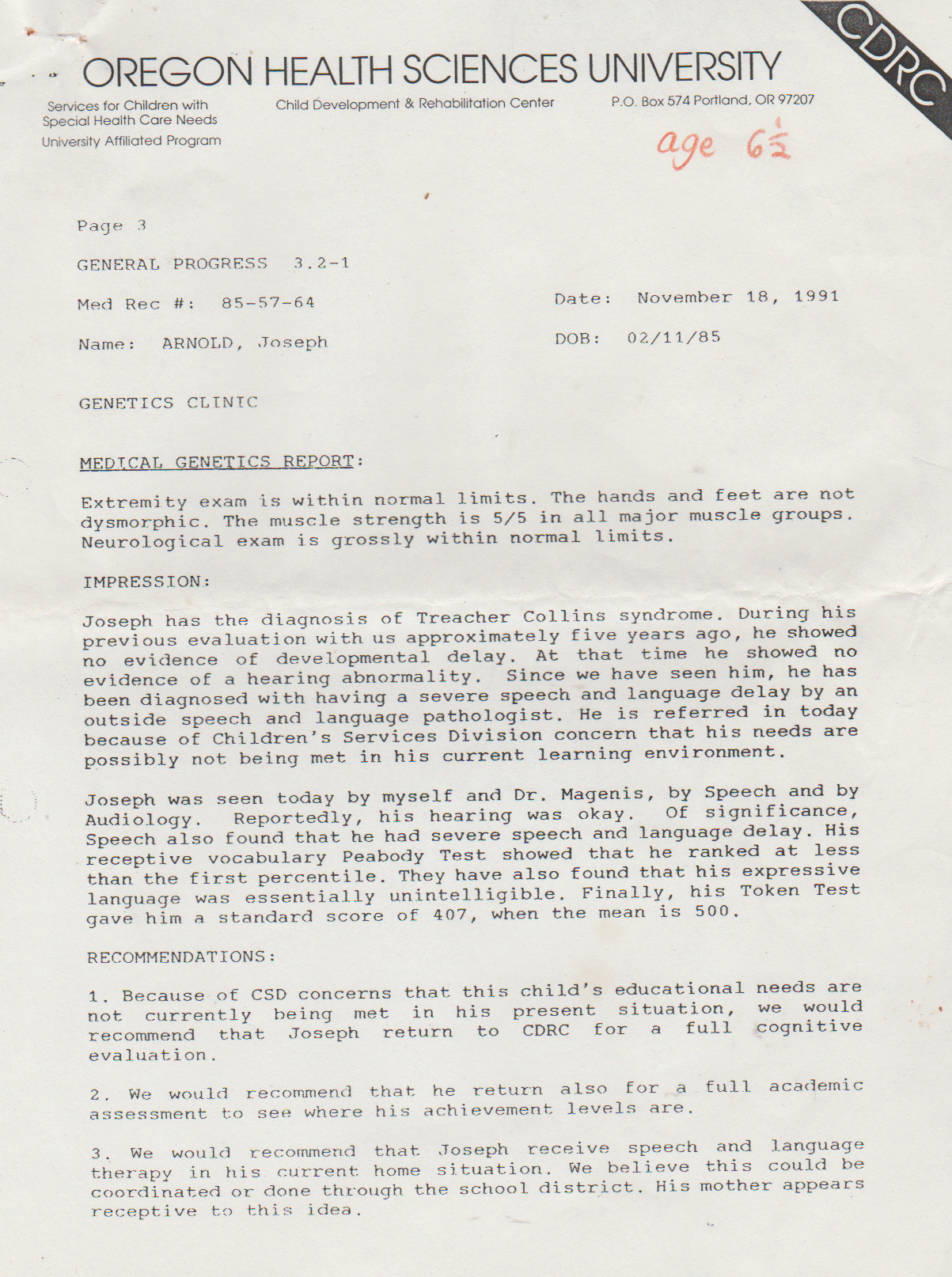 1991-11-18 - Monday - Evaluation of Joey Arnold by some MDs - Oregon Health Sciences University, Portland, OR - 4pages-3.png