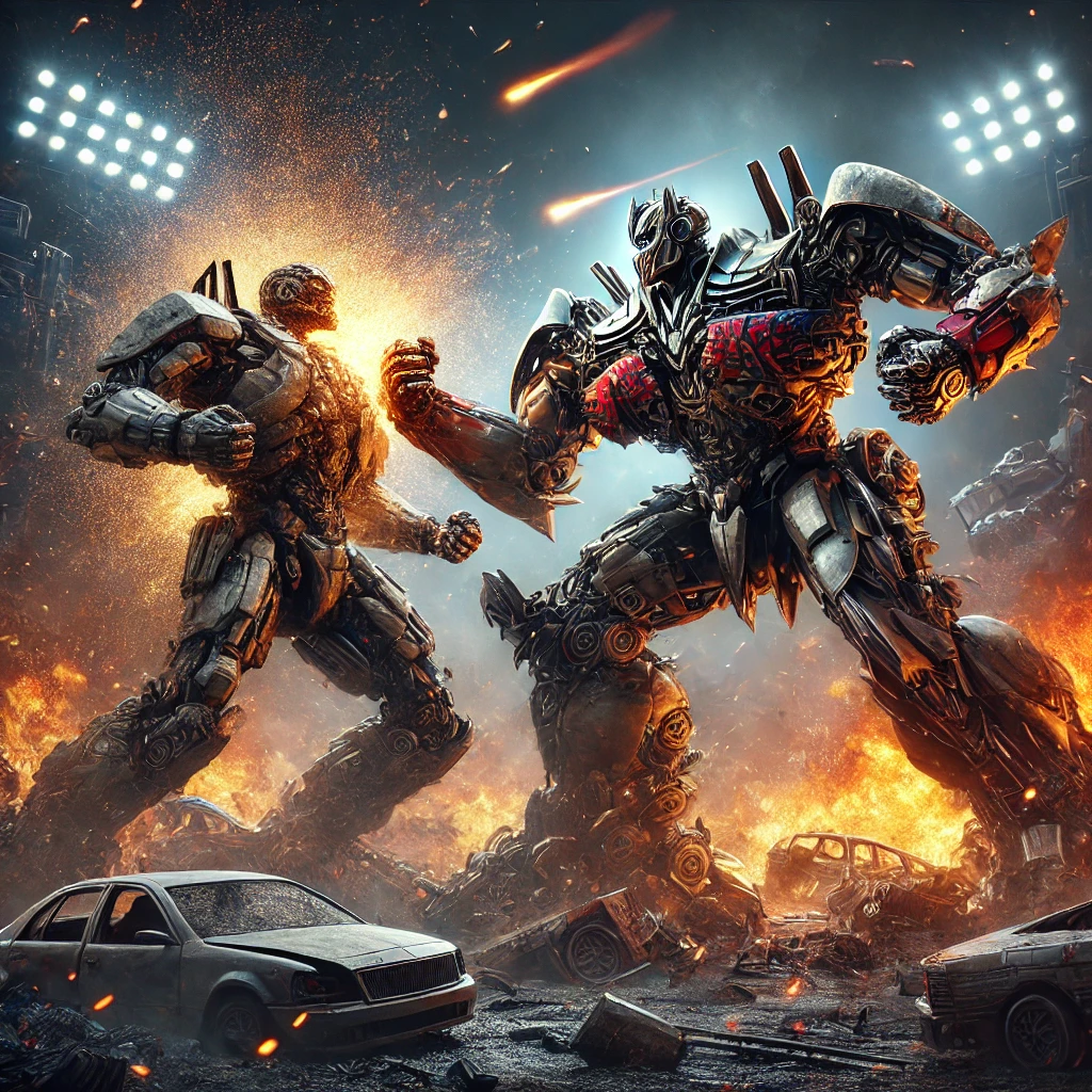 DALL·E 2025-03-01 10.33.33 - A high-quality, hyper-realistic battle scene featuring a metallic robot fighting a powerful transformer. Both combatants display intricate, high-quali.webp