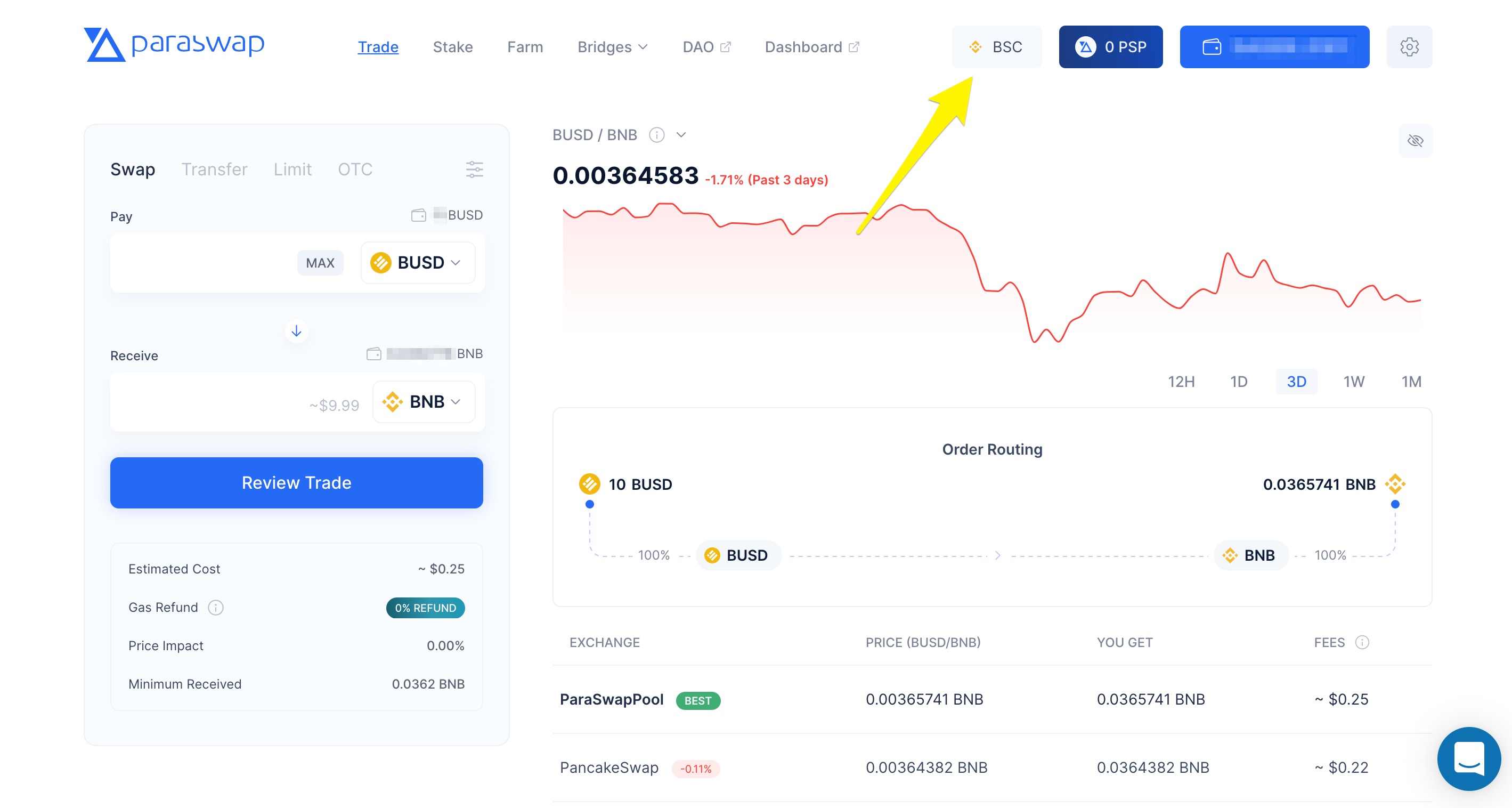 The ParaSwap page with BSC selected.