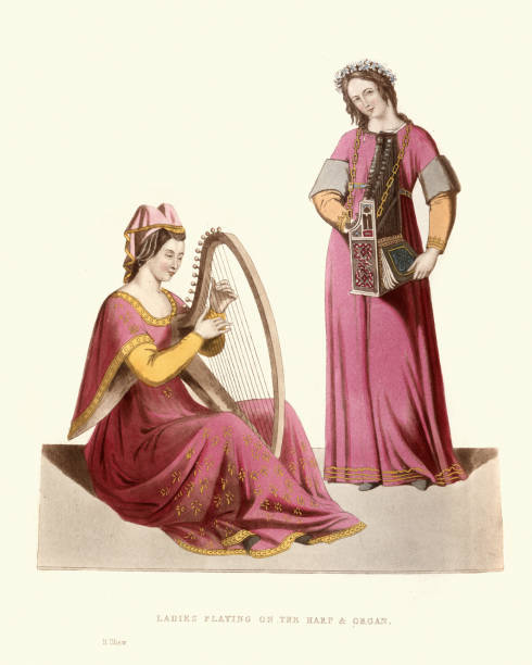 medieval-musicians-ladies-playing-the-harp-and-organ-illustration-id1149353971.jpg