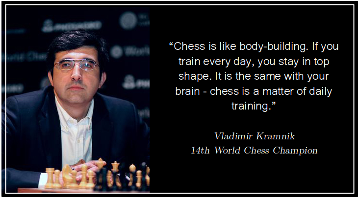 “Chess is like body-building. If you train every day, you stay in top shape. It is the same with your brain - chess is a matter of daily training.” Vladimir Kramnik 14th World Chess Champion