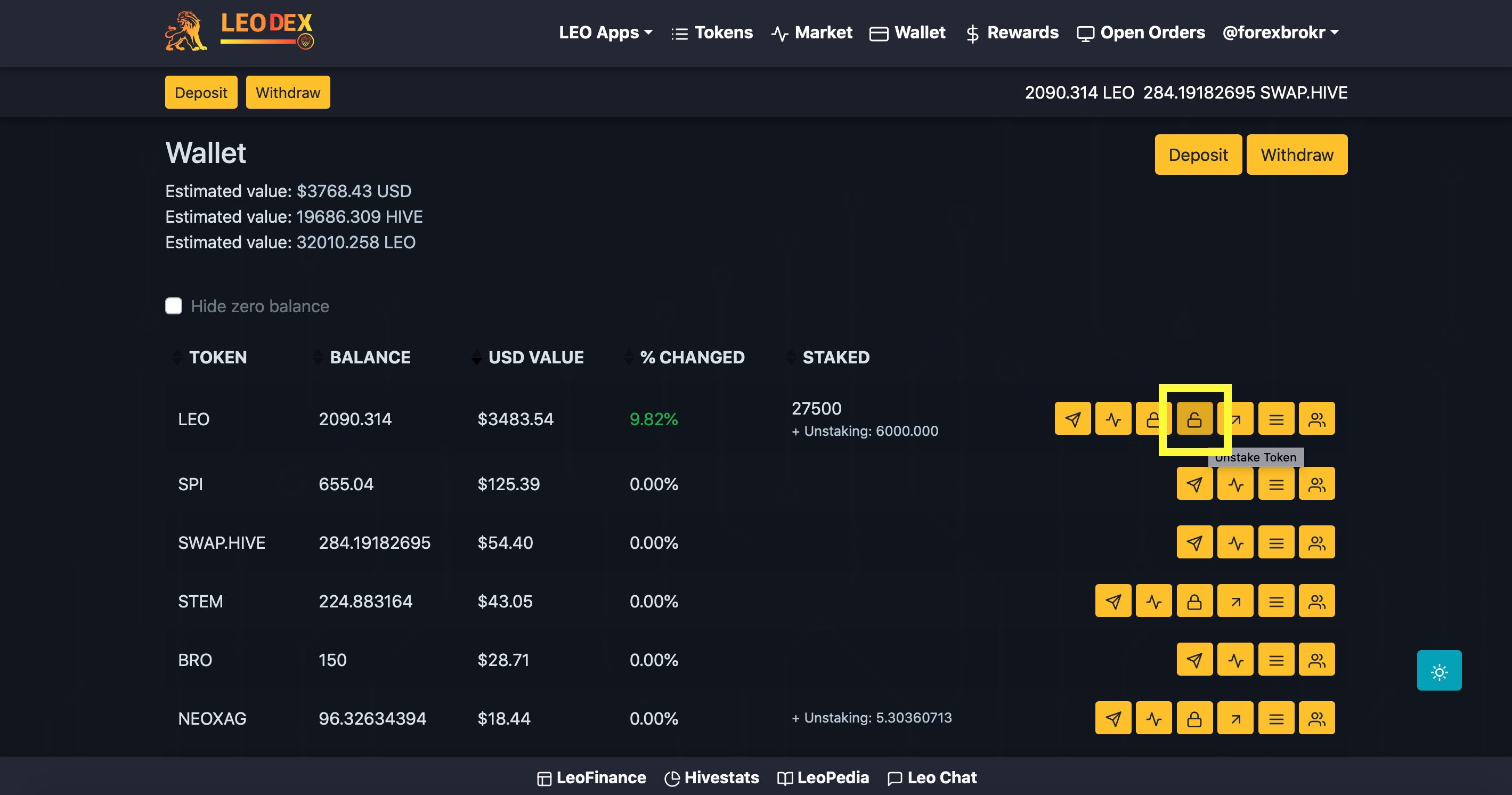 Unstaking via the LeoDex wallet