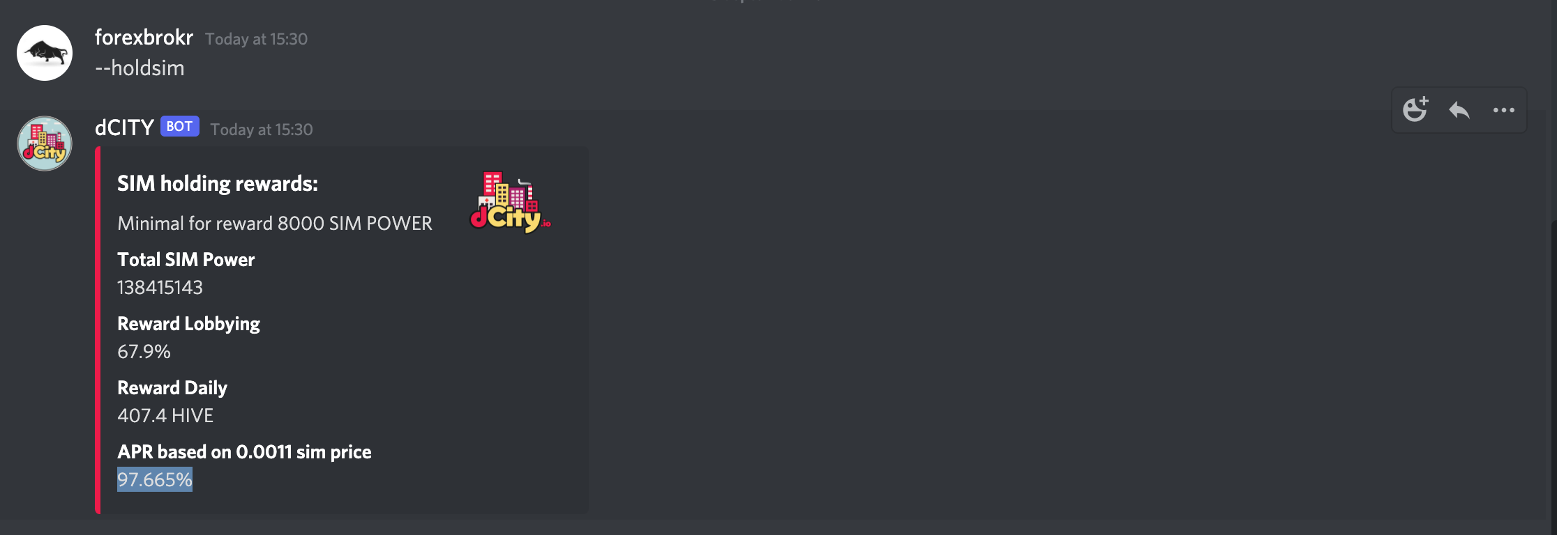 dCity SIM holding rewards shown by the Discord bot.