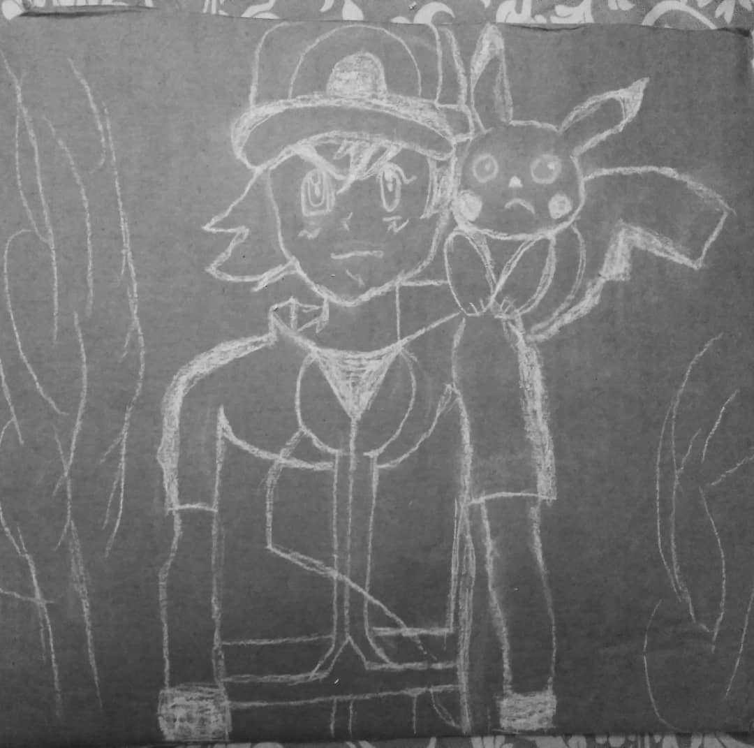 Dibujo de Ash Ketchum con tiza sobre cartón. // Ash Ketchum drawing with  chalk on cardboard.[Esp-Eng] — Hive