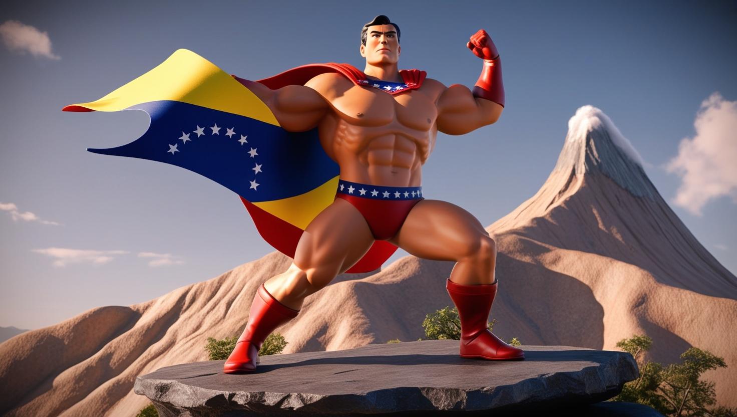 El país de Venezuela animado en 3d, con músculos y pose heroica sobre una roca, y una capa con forma de la bandera. Y de fondo tiene el monte Ávila..jpg