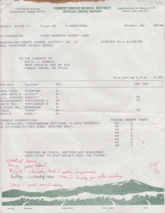 1993-11-04 - Thursday - Report Card - Neil Armstrong , 8th grade, Katie Arnold from September to November.png