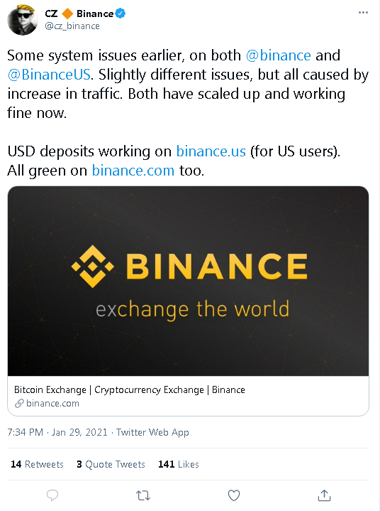 20210129 19_40_26CZ 🔶 Binance on Twitter_ _Some system issues earlier, on both binance and Bin.png