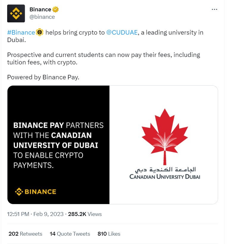 Crypto exchange Binance tweeted informing everyone about paying fees at the Canadian University of Dubai CUD with cryptocurrency.jpg
