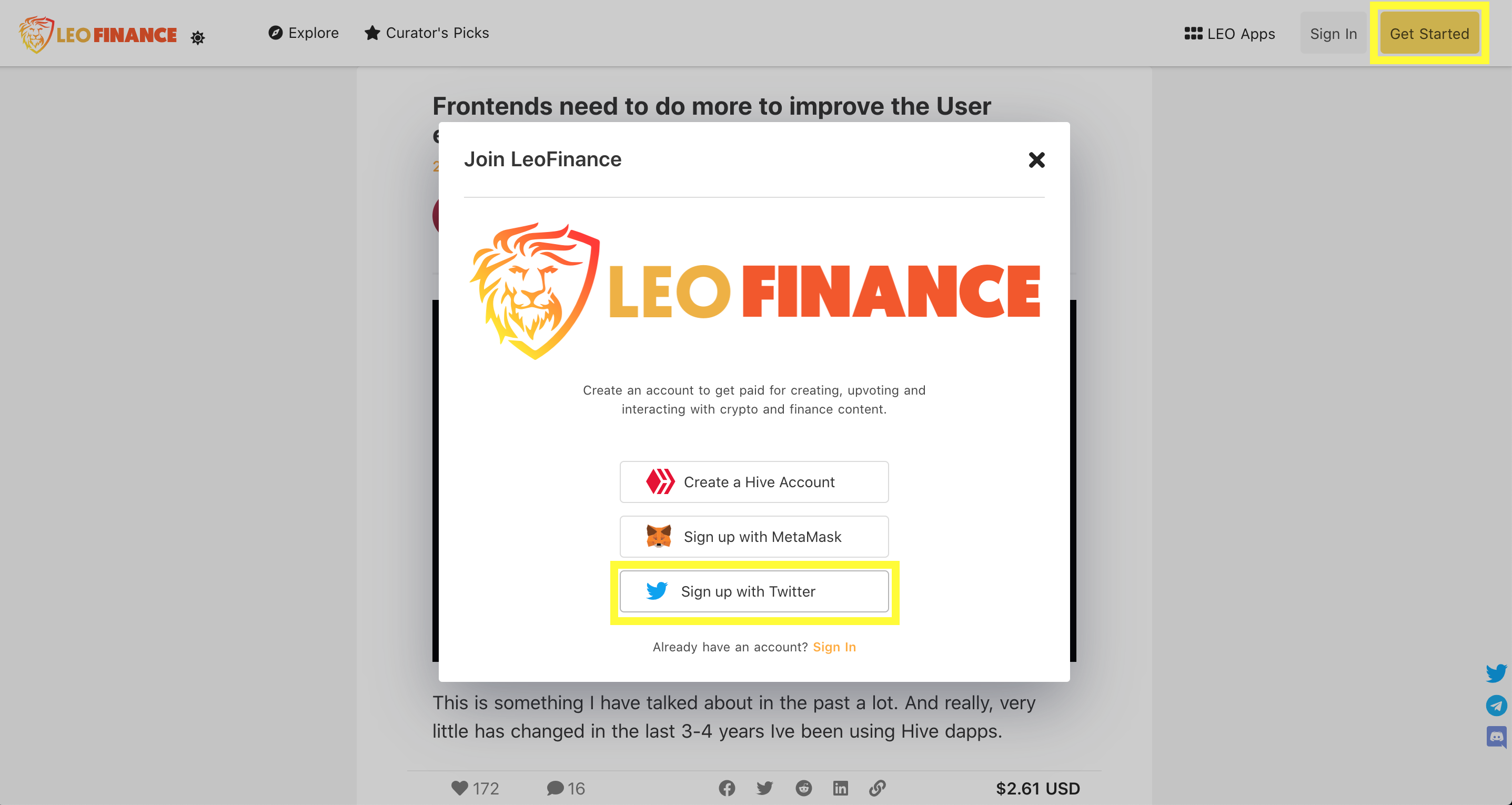 'Get Started' via leofinance.io front-end.