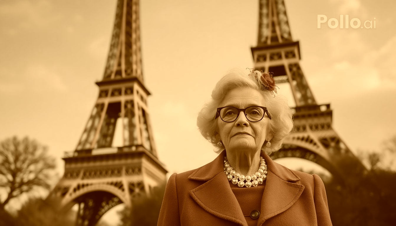 An elderly woman in flamboyant attire poses before the Eiffel Tower, evoking the.jpg