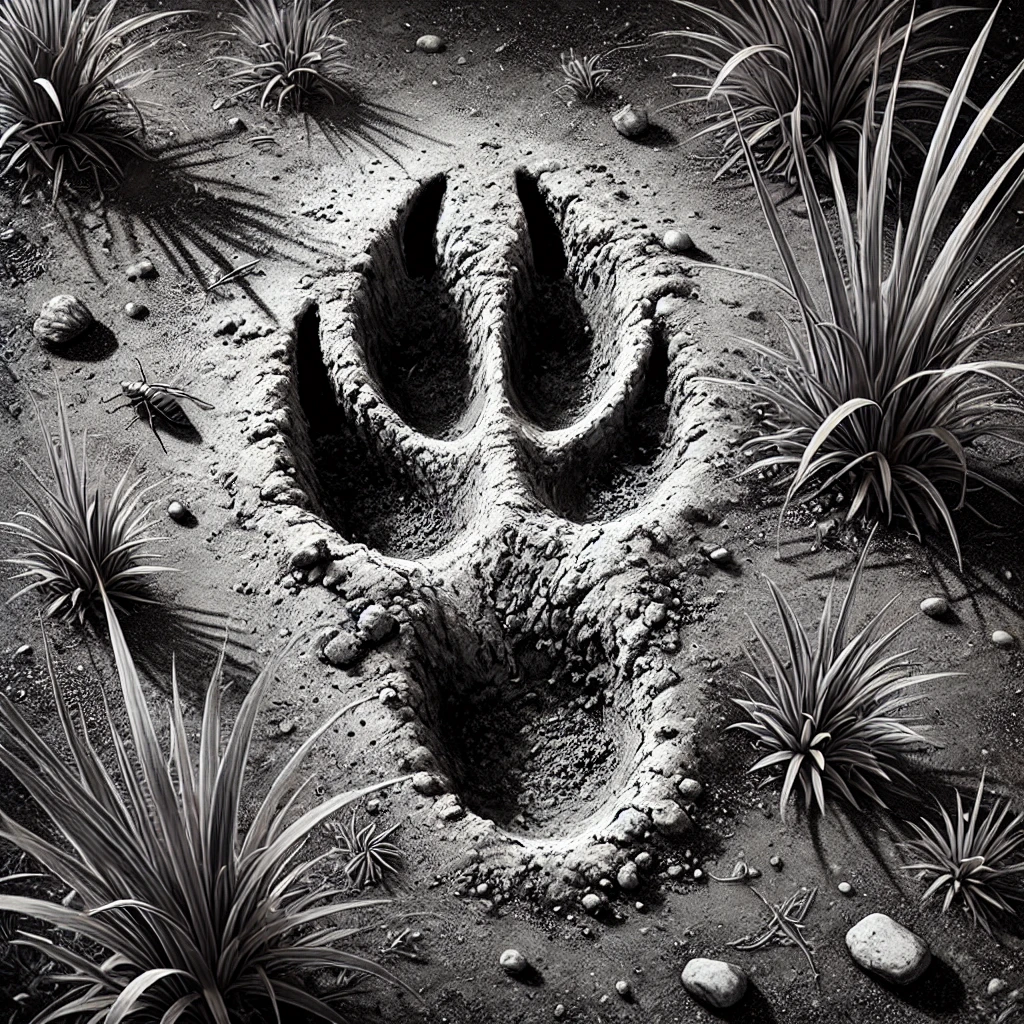 DALL·E 2025-02-03 16.10.16 - A black and white illustration of a gazelle hoofprint on a patch of grass and dust, now with more texture in the dirt for a rougher, more natural look.webp