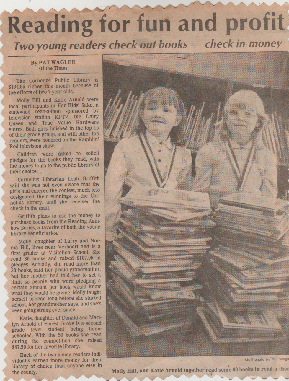 1987 - Reading contest - Katie Arnold, Molly Hill, newspaper.png