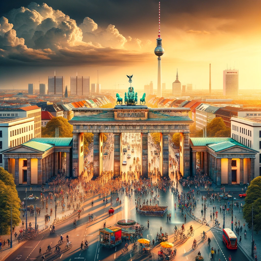 DALL·E 2024-02-06 22.52.28 - A vibrant cityscape of Berlin, showcasing a blend of historical and modern architecture. The foreground features the Brandenburg Gate, an iconic neocl.webp