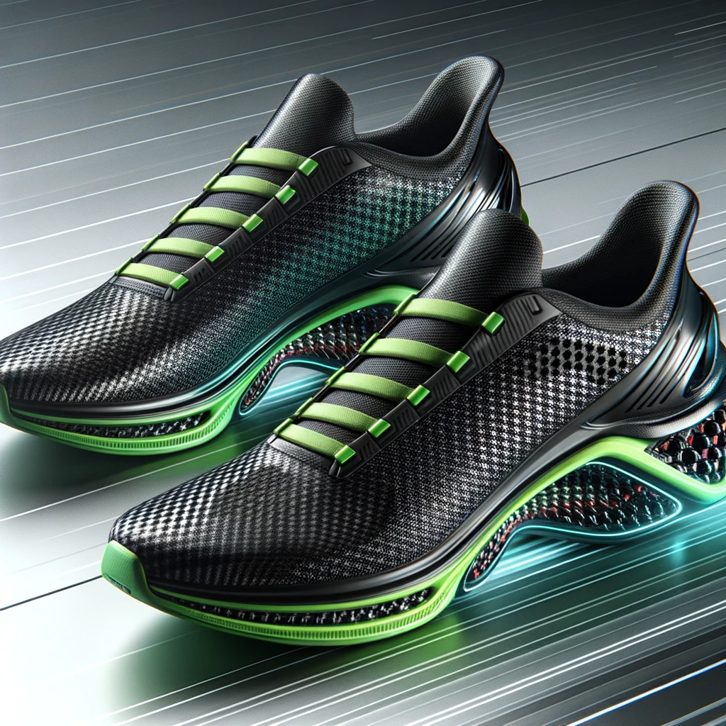 DALL·E 2024-11-19 15.58.21 - A sleek pair of futuristic carbon-plated running shoes designed for athletes, placed on a modern surface. The shoes feature vibrant colors such as neo.webp