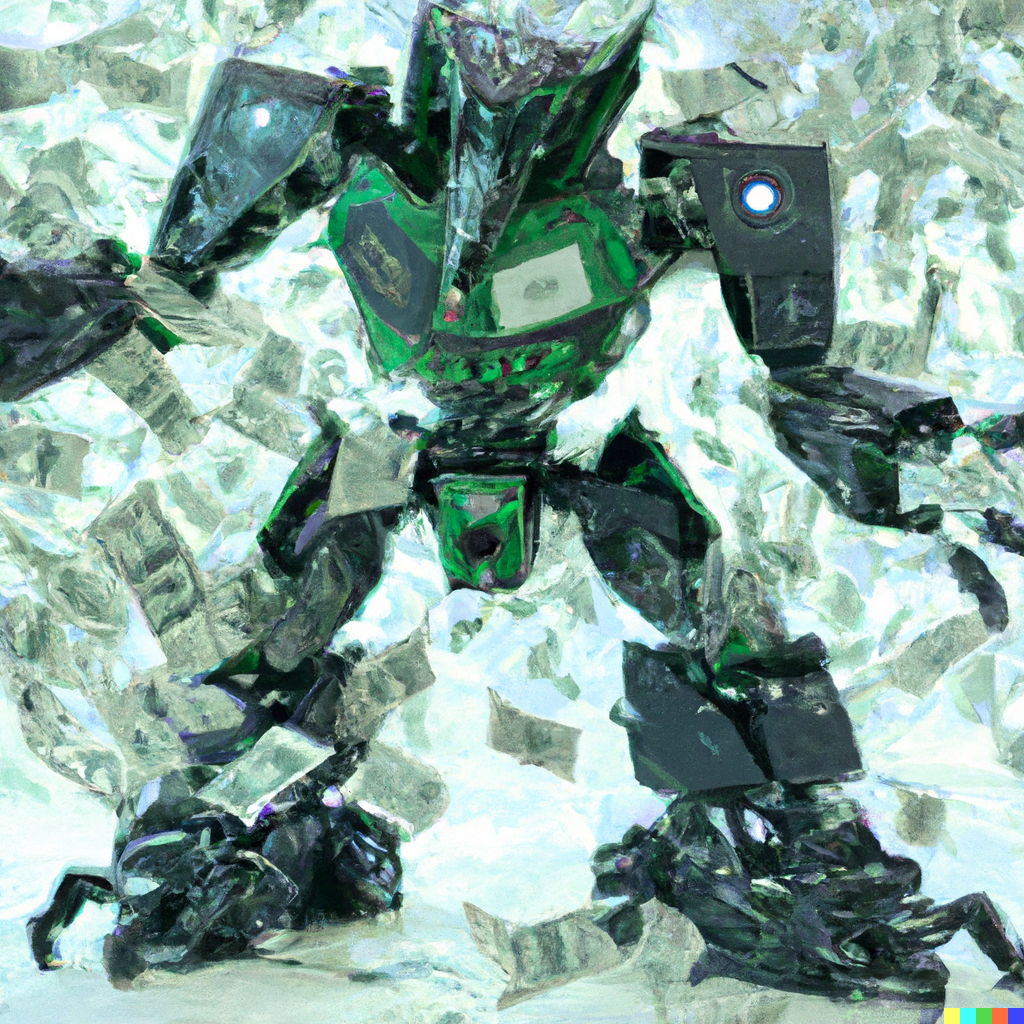 DALL·E 2023-02-12 21.48.33 - abstract visual of dinosaur transformer robot very detailed surrounded by dollar notes in the air and on the floor.png