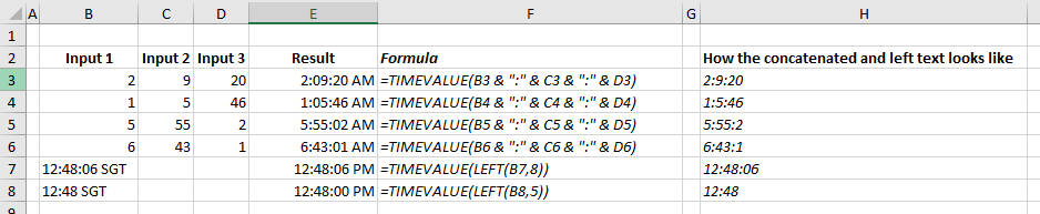 TIMEVALUE function examples