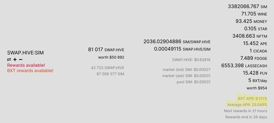 BeeSwap interface showing the SWAP.HIVE:SIM LP.