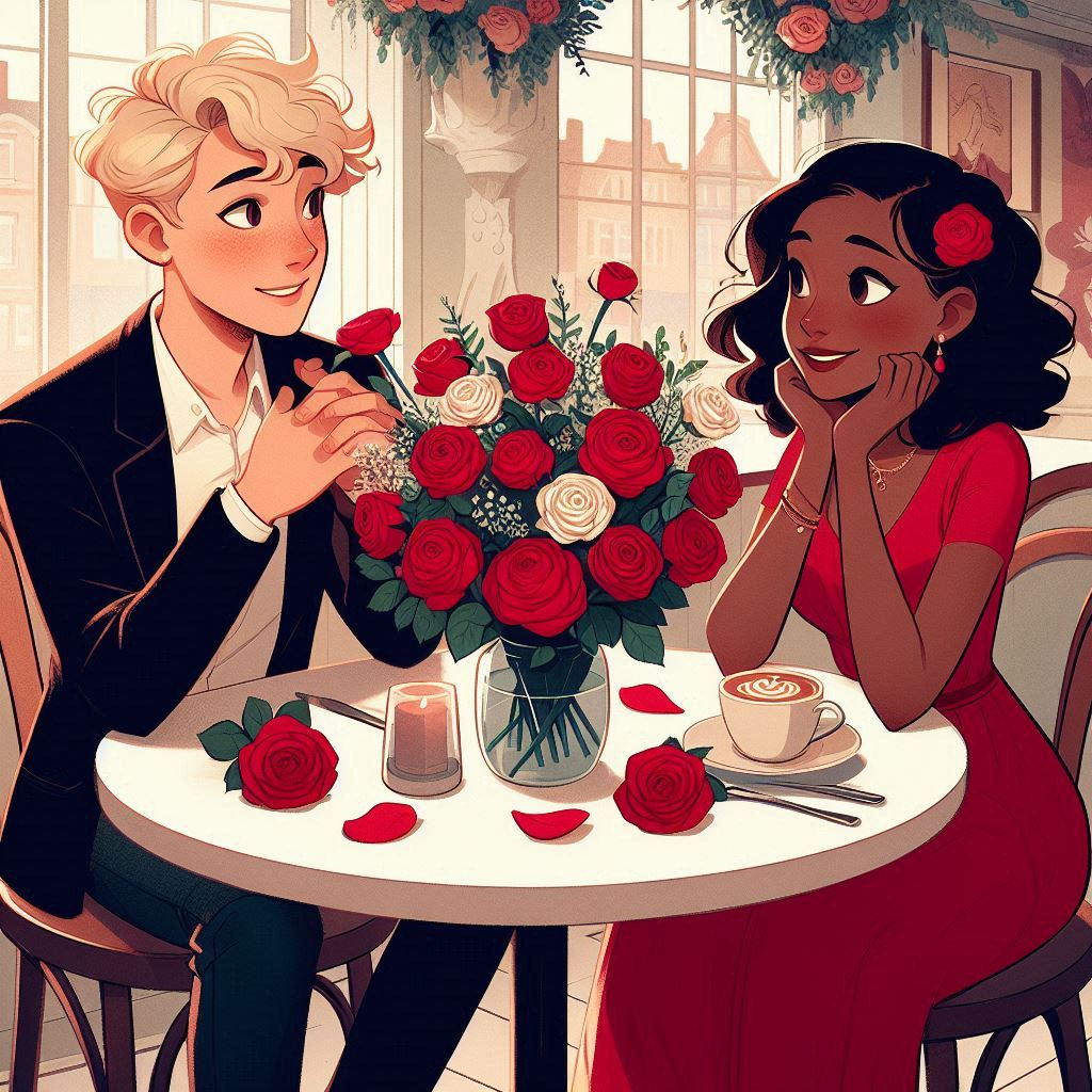 una mesa con un ramo de rosas y una pareja sentadas charlando_ una chica negra con un vestido rojo y un chico rubio.png