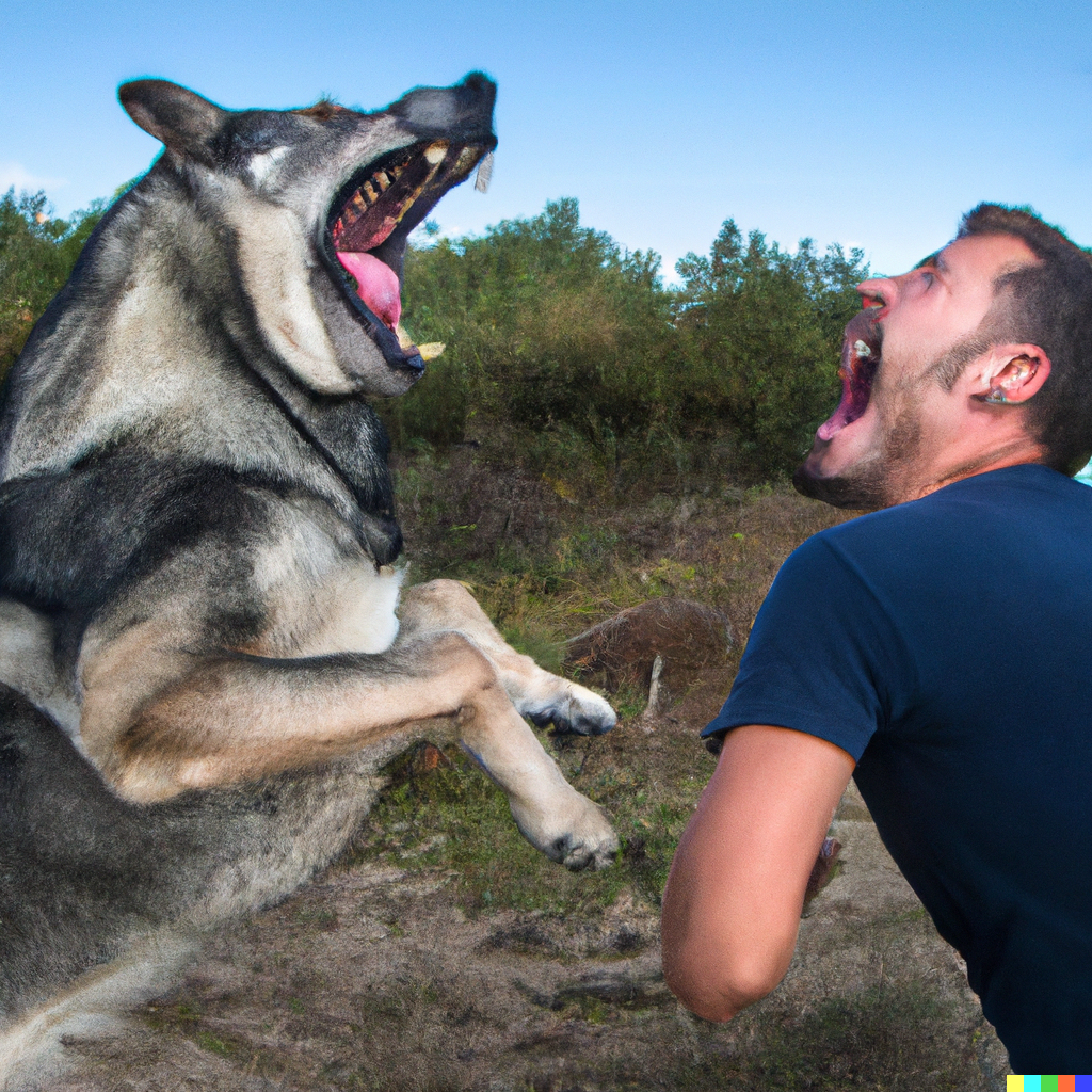 DALL·E 2022-07-30 19.20.28 - A photo of a man shouting and battling a large dog. One of his hands is raised aggressively..png