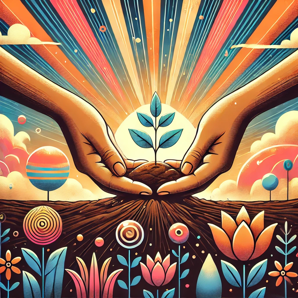 DALL·E 2025-01-28 17.58.26 - An animated-style illustration of hands gently planting a seed in soil, with a whimsical background featuring colorful elements like glowing light ray.webp